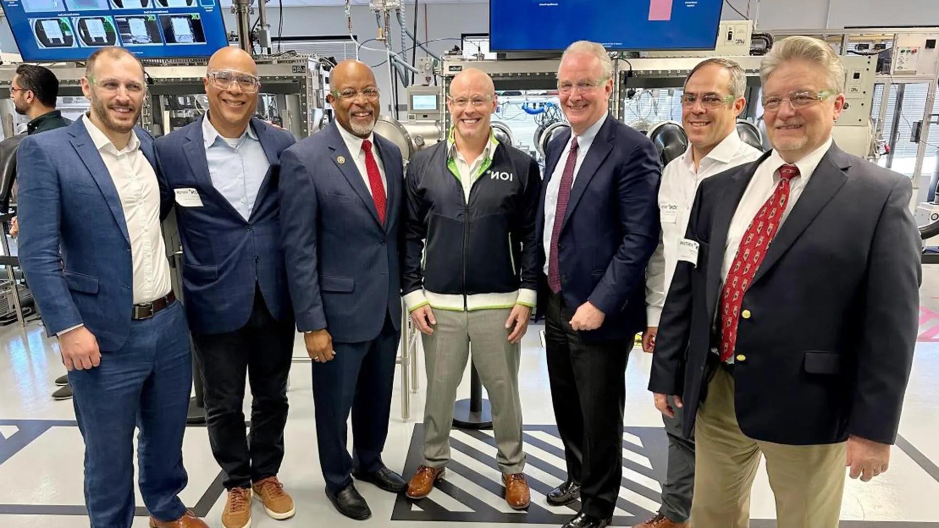 From left: Ion Storage Systems founder and Executive Chair Eric Wachsman, Todd Crescenzo of Clear Creek Investments, U.S. Sen. Chris Van Hollen, Ion Storage Systems CEO Ricky Hanna, U.S. Rep. Glenn Ivey, Mark Fields of Alsop Louie, Ion Storage Systems founder and Chief Technology Officer Greg Hitz